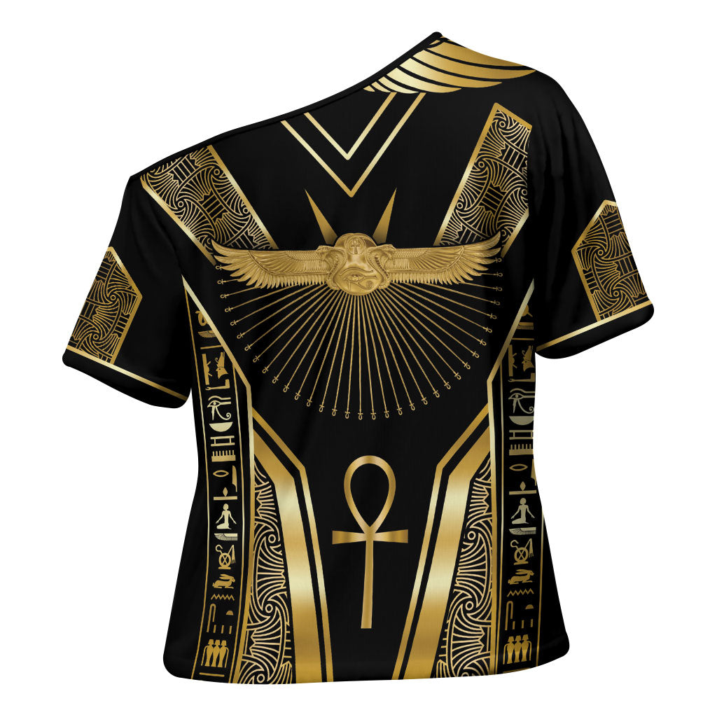 Egypt Winged Sun Cross Shoulder Shirt Ancient Mythology Golden Ankh