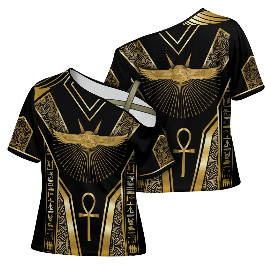 Egypt Winged Sun Cross Shoulder Shirt Ancient Mythology Golden Ankh