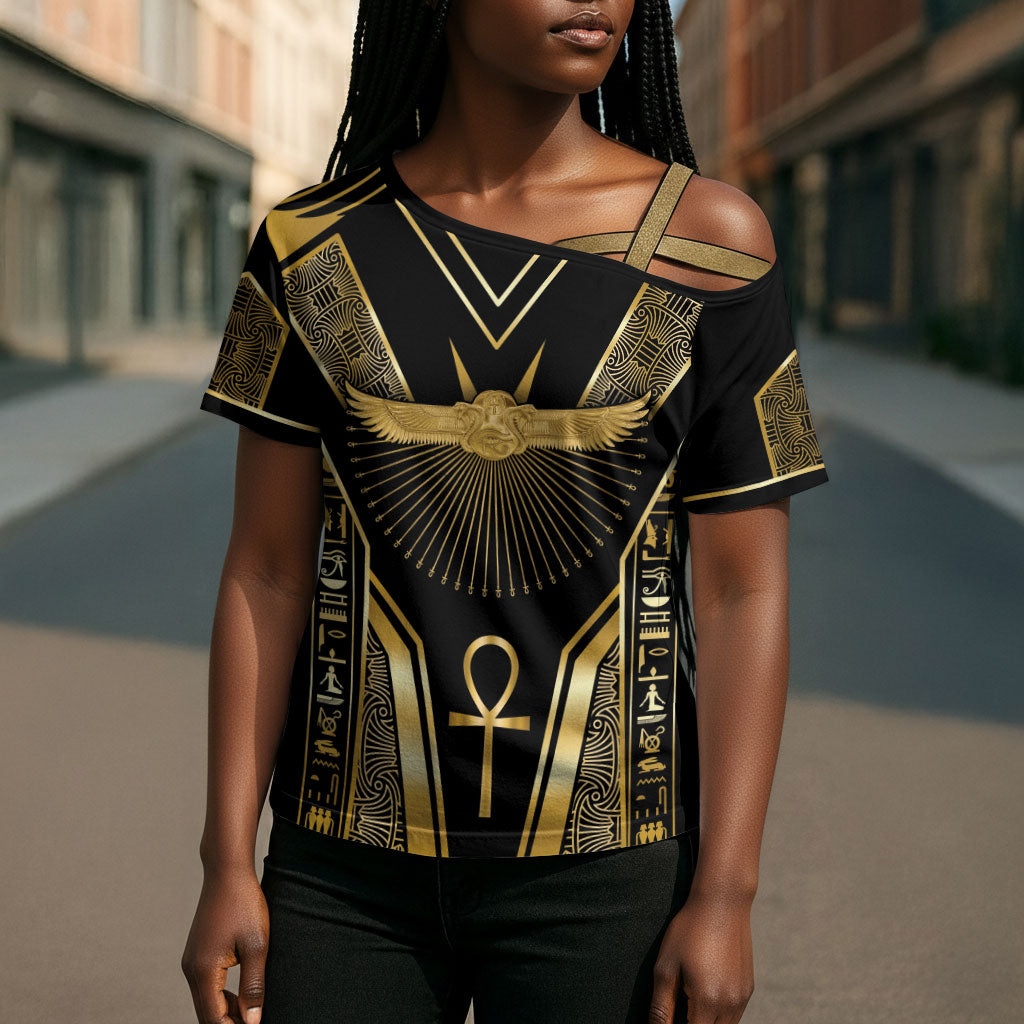 Egypt Winged Sun Cross Shoulder Shirt Ancient Mythology Golden Ankh