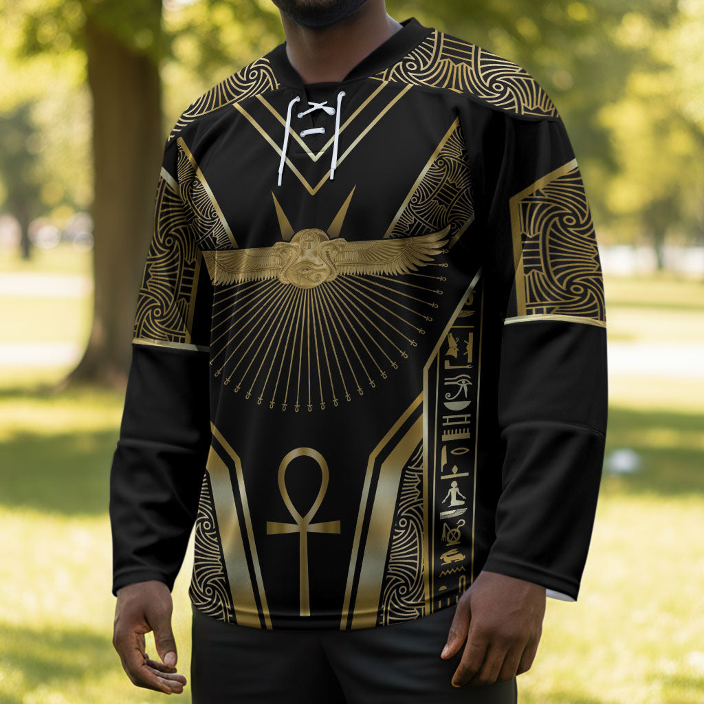 Egypt Winged Sun Hockey Jersey Ancient Mythology Golden Ankh