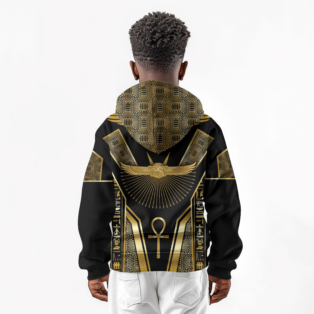 Egypt Winged Sun Kid Hoodie Ancient Mythology Golden Ankh