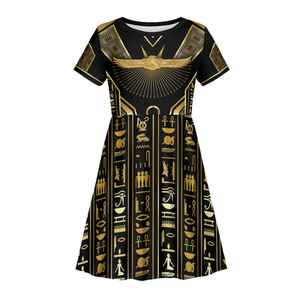 Egypt Winged Sun Kid Short Sleeve Dress Ancient Mythology Golden Ankh