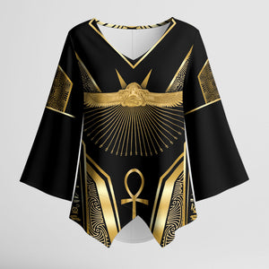 Egypt Winged Sun Kimono Sleeve Blouse Ancient Mythology Golden Ankh