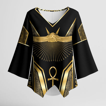 Egypt Winged Sun Kimono Sleeve Blouse Ancient Mythology Golden Ankh
