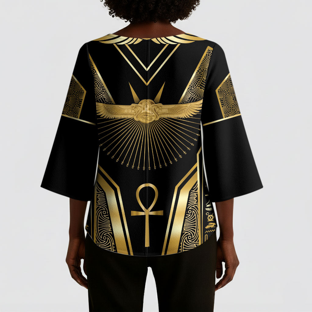 Egypt Winged Sun Kimono Sleeve Blouse Ancient Mythology Golden Ankh