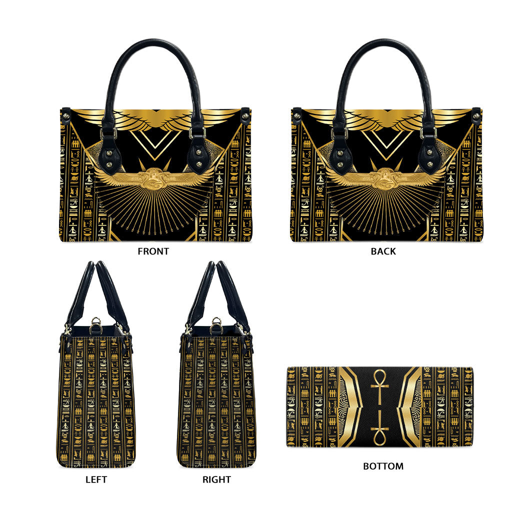 Egypt Winged Sun Leather Bag Ancient Mythology Golden Ankh