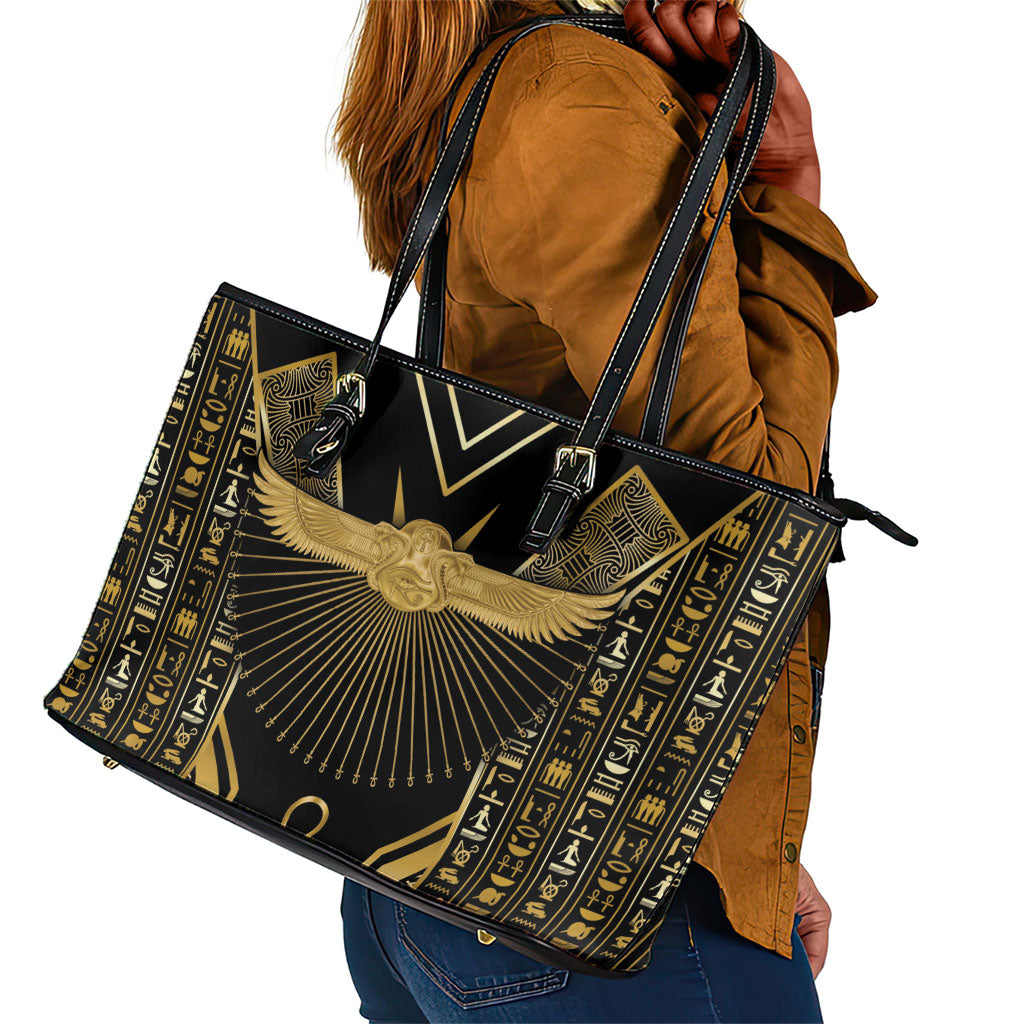 Egypt Winged Sun Leather Tote Bag Ancient Mythology Golden Ankh