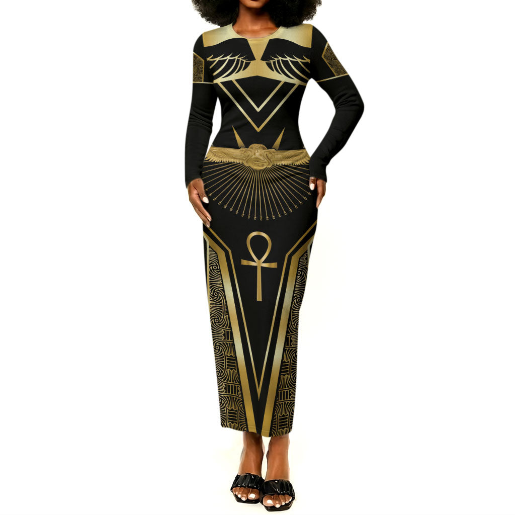 Egypt Winged Sun Long Sleeve Bodycon Dress Ancient Mythology Golden Ankh