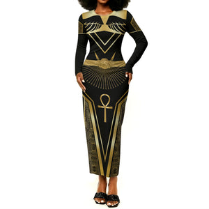 Egypt Winged Sun Long Sleeve Bodycon Dress Ancient Mythology Golden Ankh