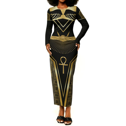 Egypt Winged Sun Long Sleeve Bodycon Dress Ancient Mythology Golden Ankh