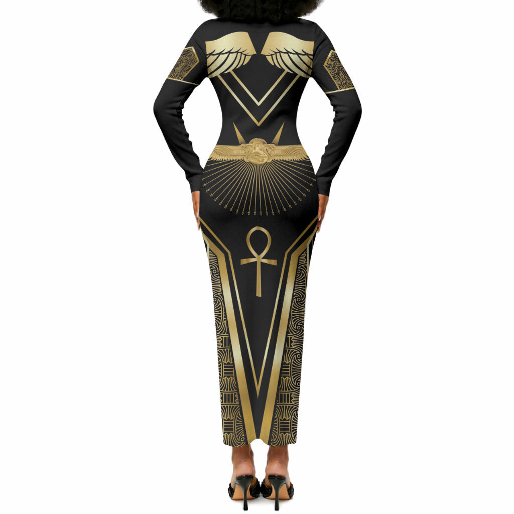 Egypt Winged Sun Long Sleeve Bodycon Dress Ancient Mythology Golden Ankh