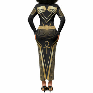 Egypt Winged Sun Long Sleeve Bodycon Dress Ancient Mythology Golden Ankh