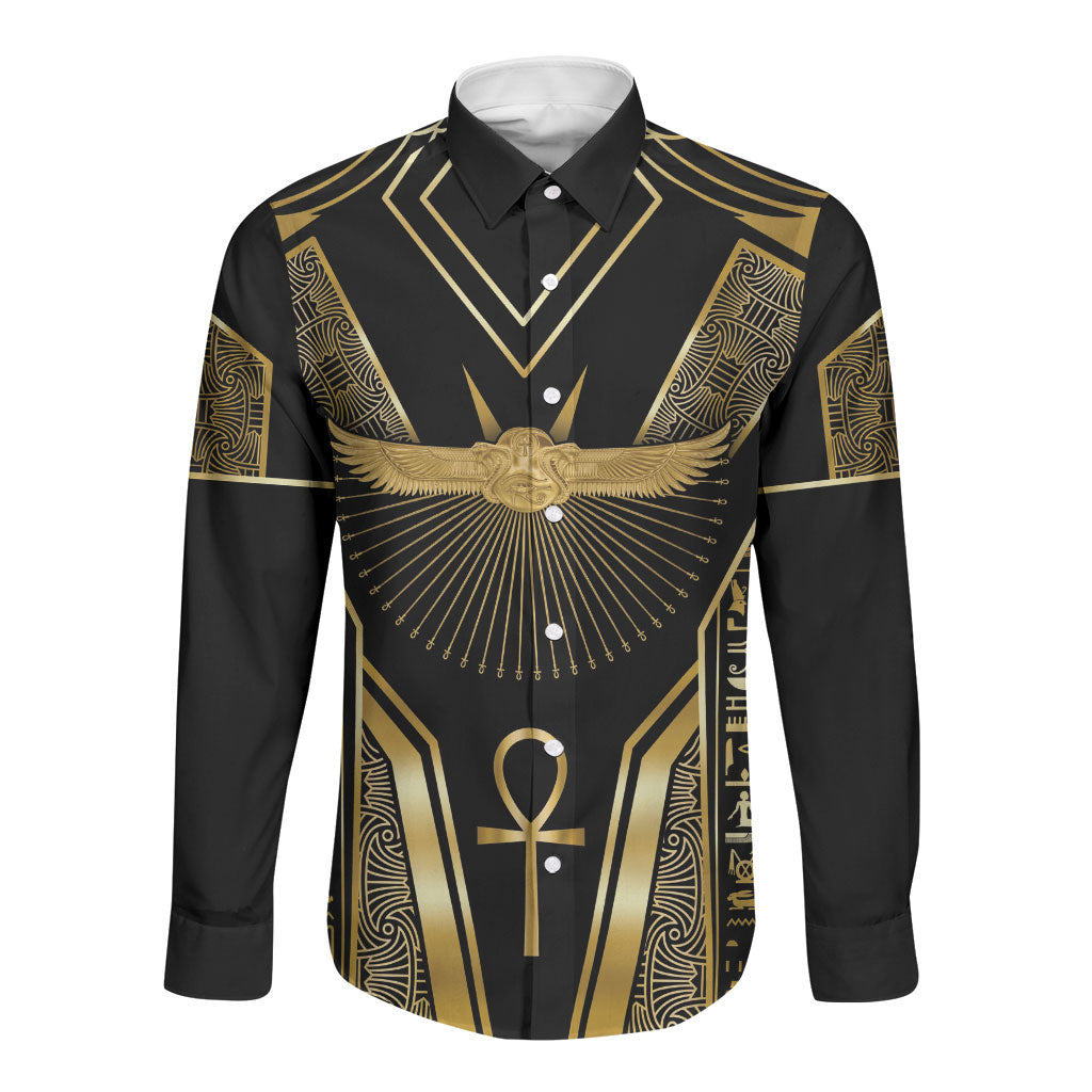 Egypt Winged Sun Long Sleeve Button Shirt Ancient Mythology Golden Ankh