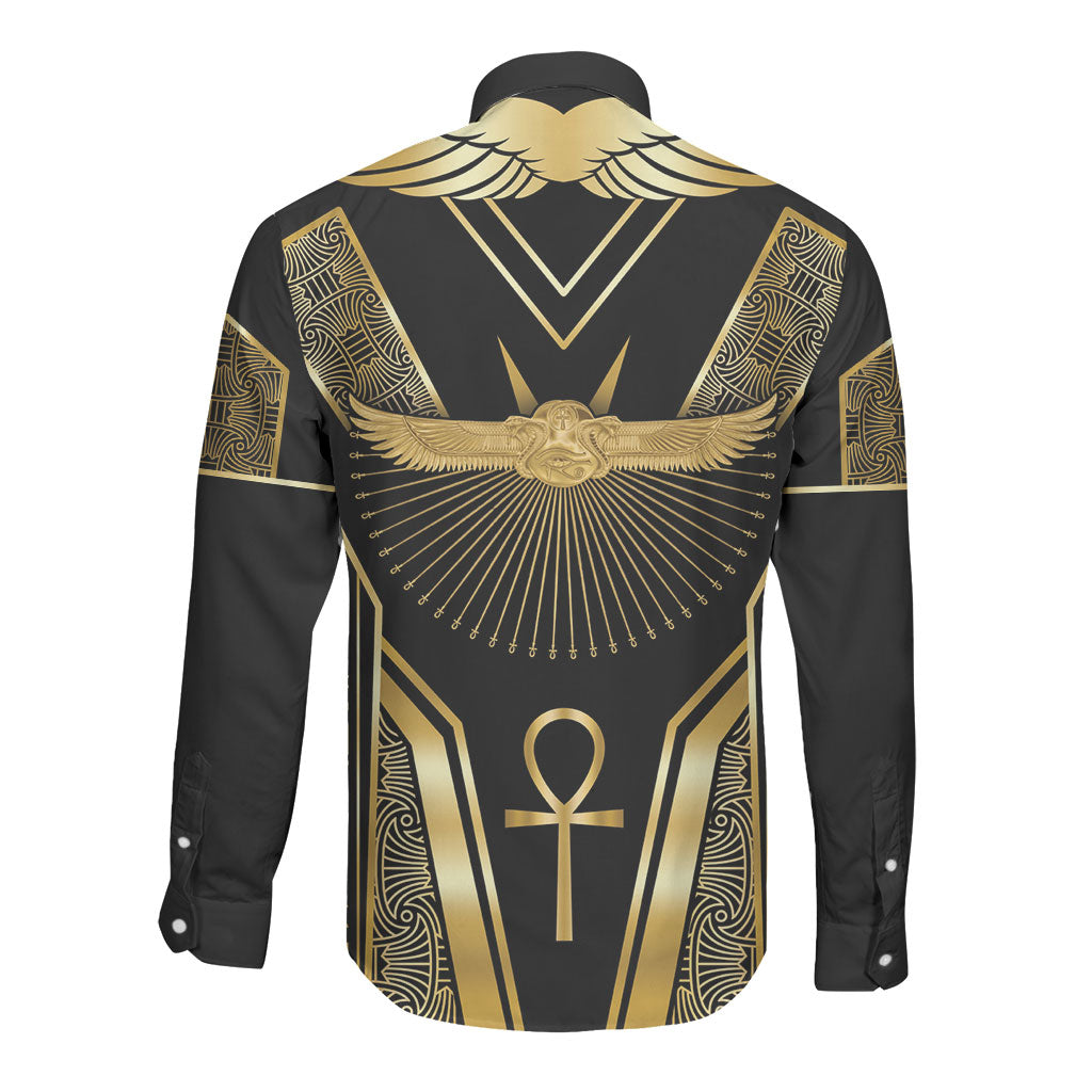 Egypt Winged Sun Long Sleeve Button Shirt Ancient Mythology Golden Ankh