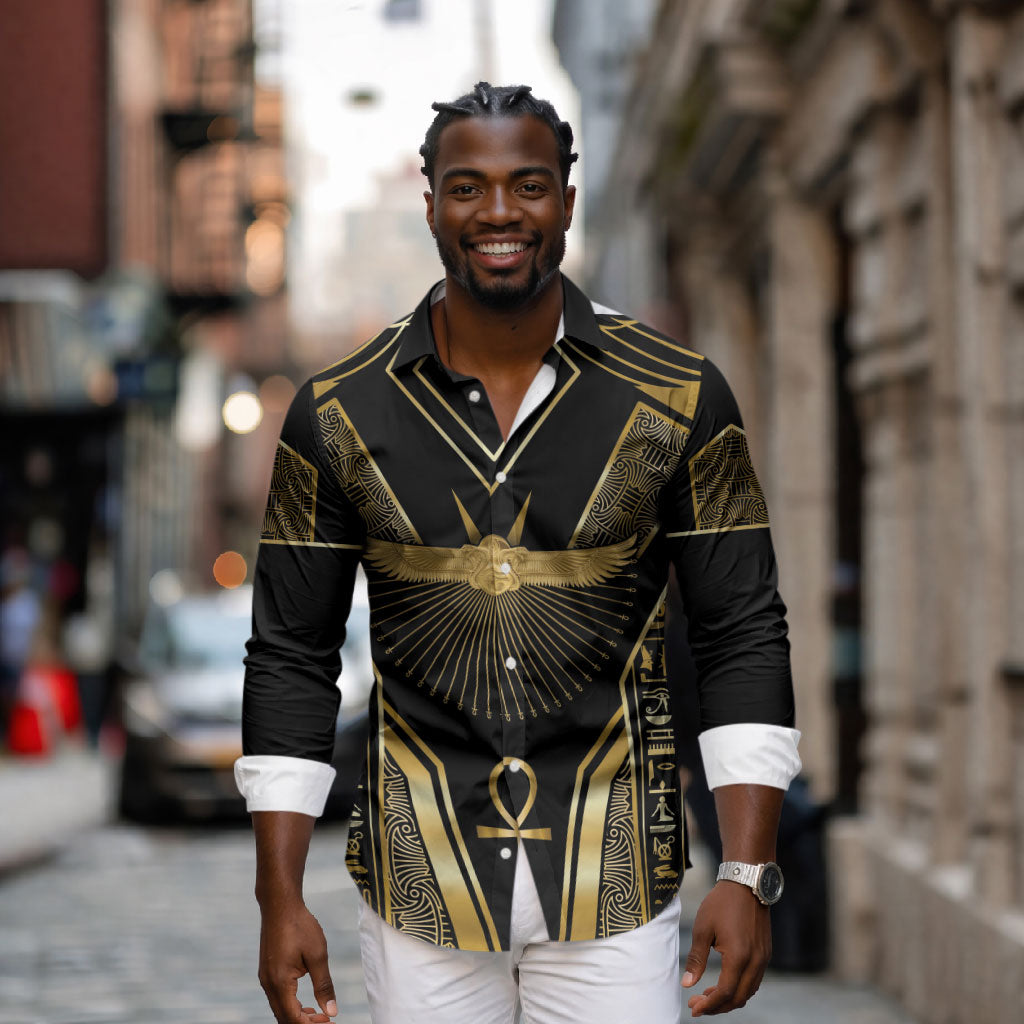 Egypt Winged Sun Long Sleeve Button Shirt Ancient Mythology Golden Ankh