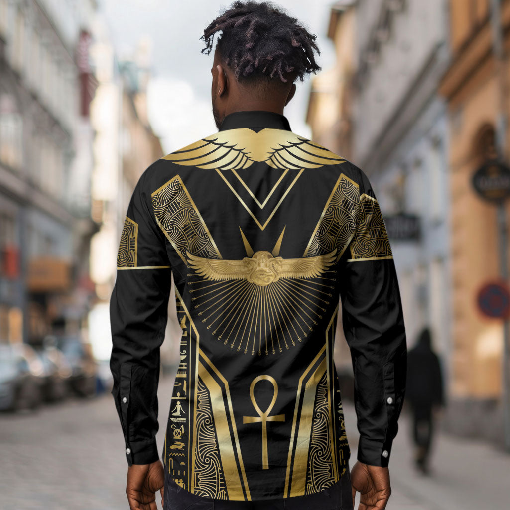 Egypt Winged Sun Long Sleeve Button Shirt Ancient Mythology Golden Ankh