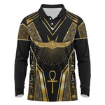 Egypt Winged Sun Long Sleeve Polo Shirt Ancient Mythology Golden Ankh