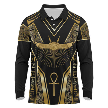 Egypt Winged Sun Long Sleeve Polo Shirt Ancient Mythology Golden Ankh