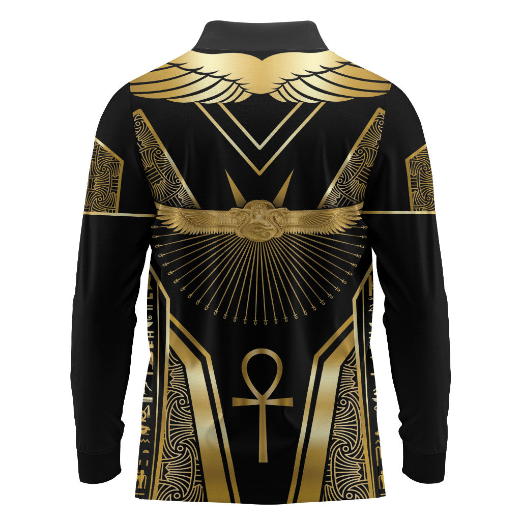 Egypt Winged Sun Long Sleeve Polo Shirt Ancient Mythology Golden Ankh