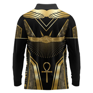 Egypt Winged Sun Long Sleeve Polo Shirt Ancient Mythology Golden Ankh