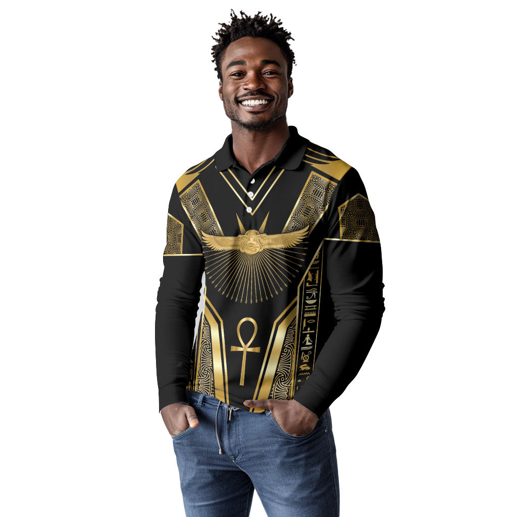 Egypt Winged Sun Long Sleeve Polo Shirt Ancient Mythology Golden Ankh