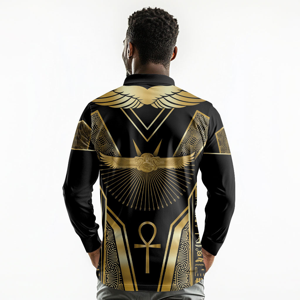 Egypt Winged Sun Long Sleeve Polo Shirt Ancient Mythology Golden Ankh