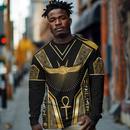 Egypt Winged Sun Long Sleeve Shirt Ancient Mythology Golden Ankh
