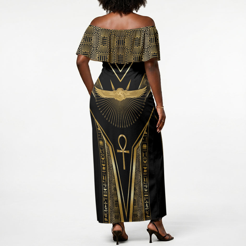 Egypt Winged Sun Off Shoulder Maxi Dress Ancient Mythology Golden Ankh