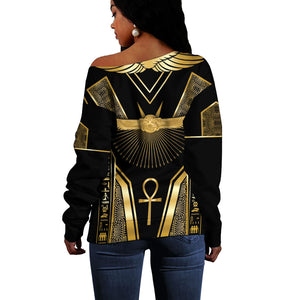 Egypt Winged Sun Off Shoulder Sweater Ancient Mythology Golden Ankh
