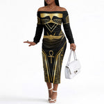 Egypt Winged Sun Off The Shoulder Long Sleeve Dress Ancient Mythology Golden Ankh