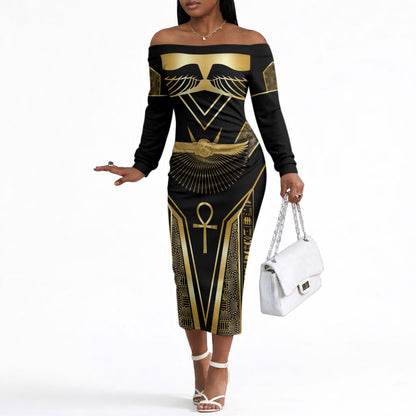 Egypt Winged Sun Off The Shoulder Long Sleeve Dress Ancient Mythology Golden Ankh