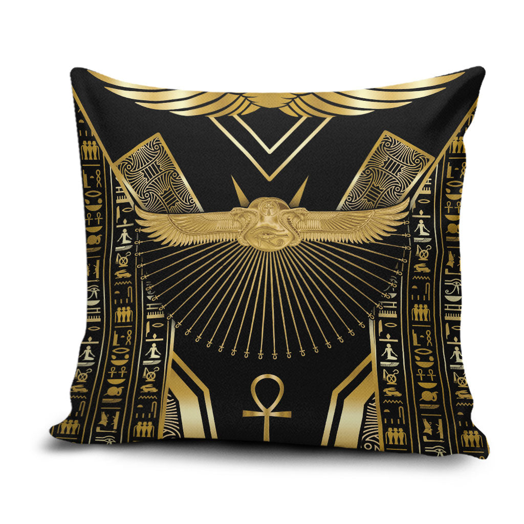 Egypt Winged Sun Pillow Cover Ancient Mythology Golden Ankh