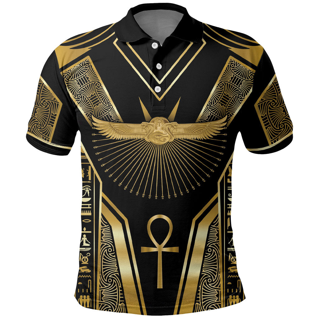 Egypt Winged Sun Polo Shirt Ancient Mythology Golden Ankh