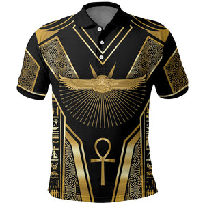 Egypt Winged Sun Polo Shirt Ancient Mythology Golden Ankh