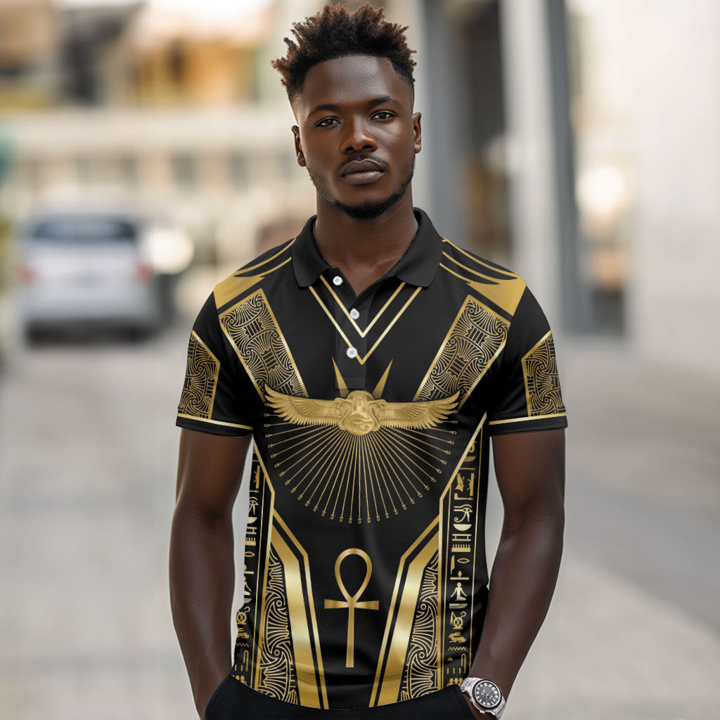 Egypt Winged Sun Polo Shirt Ancient Mythology Golden Ankh