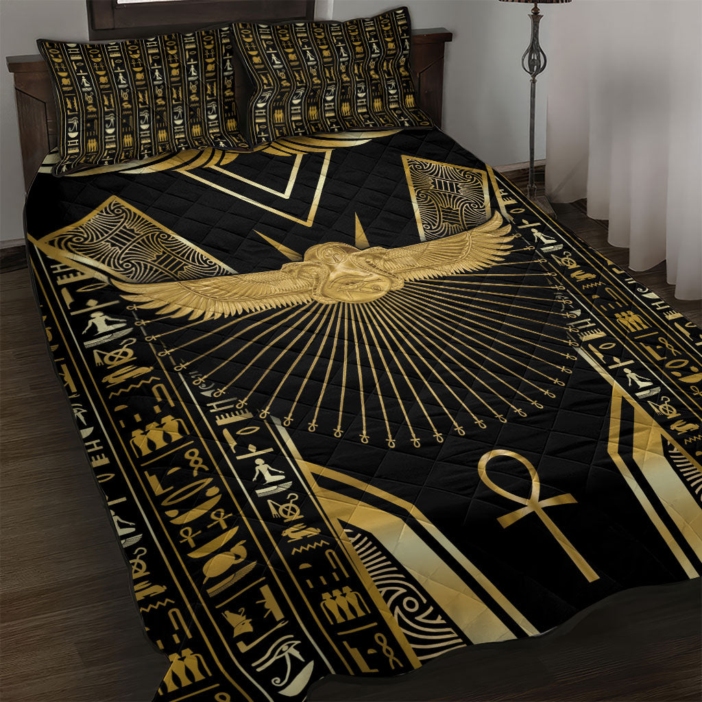 Egypt Winged Sun Quilt Bed Set Ancient Mythology Golden Ankh