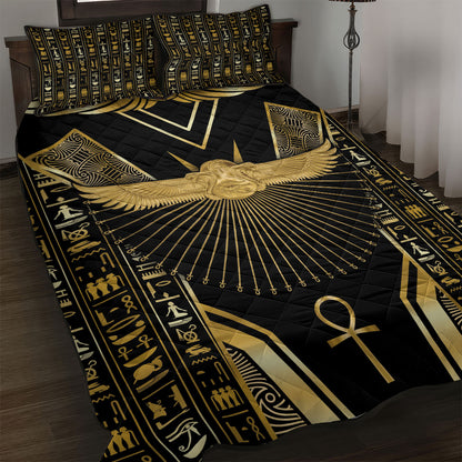 Egypt Winged Sun Quilt Bed Set Ancient Mythology Golden Ankh