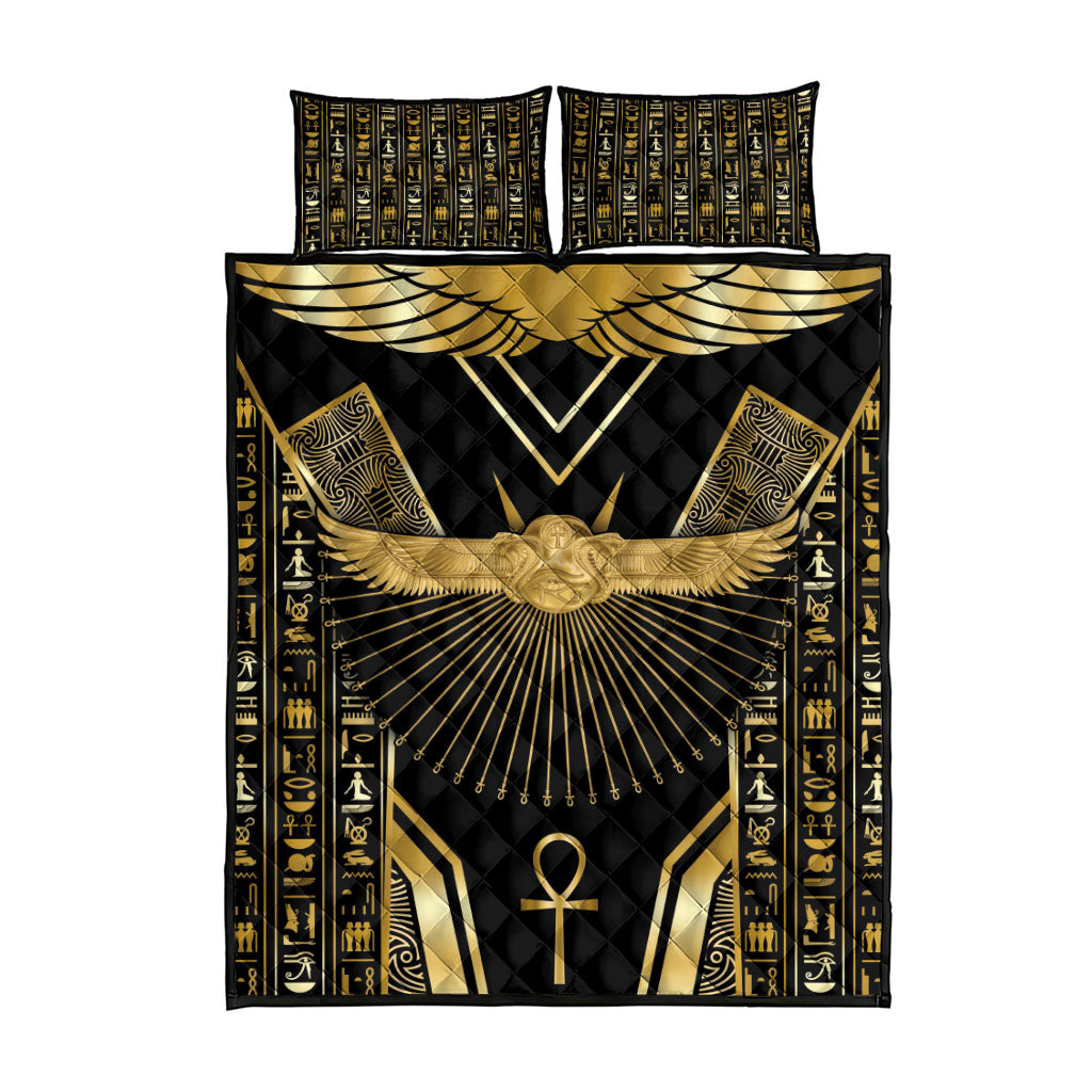 Egypt Winged Sun Quilt Bed Set Ancient Mythology Golden Ankh
