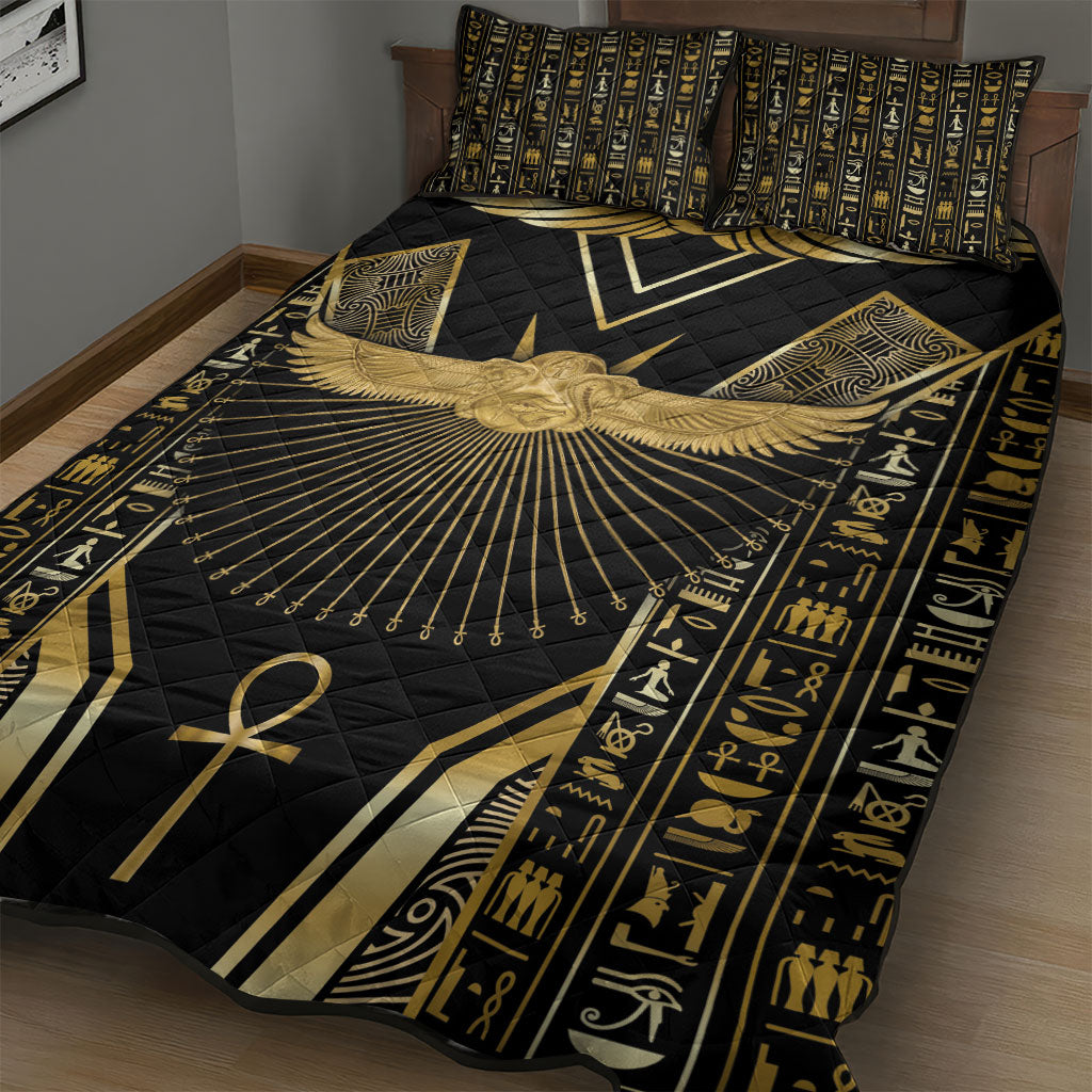 Egypt Winged Sun Quilt Bed Set Ancient Mythology Golden Ankh