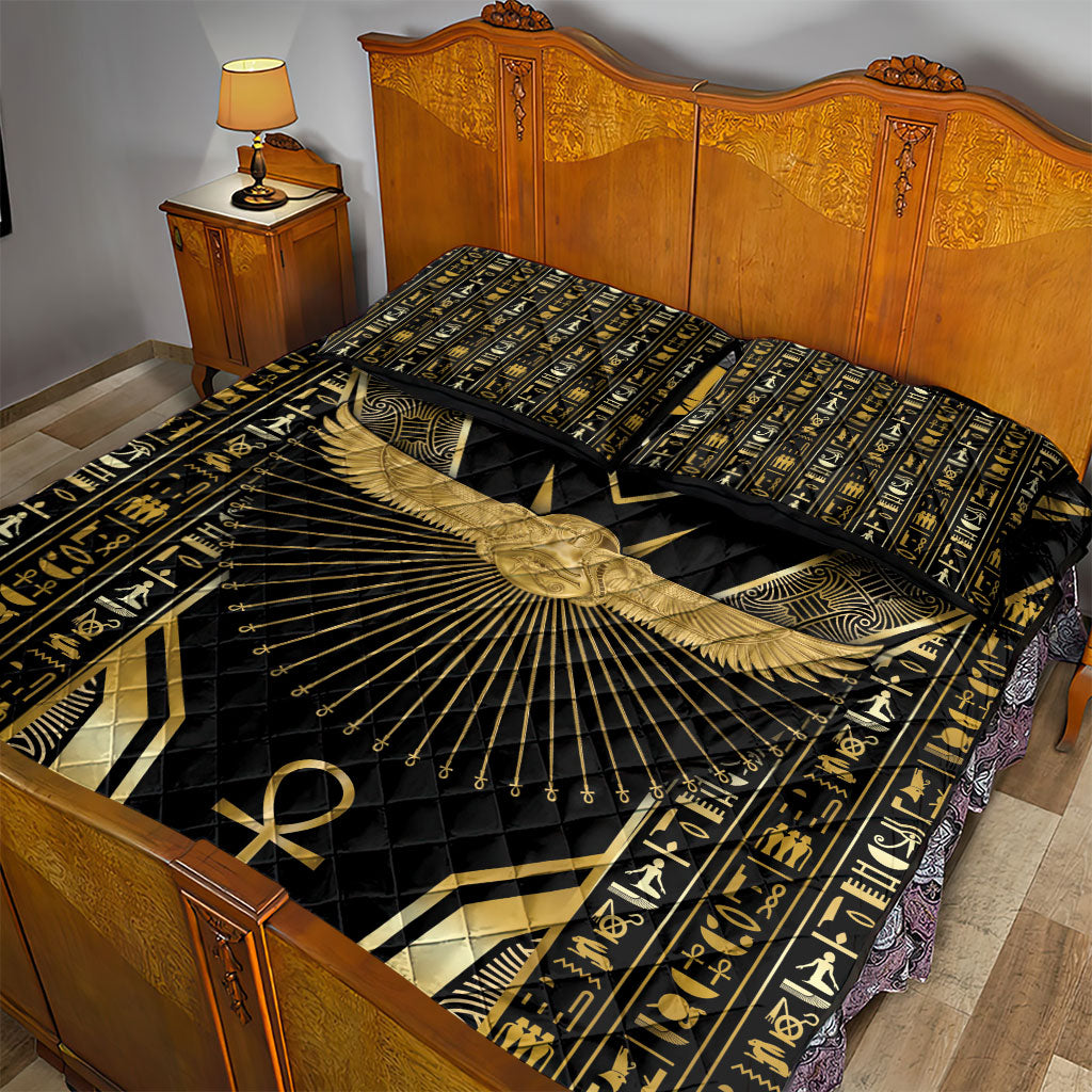 Egypt Winged Sun Quilt Bed Set Ancient Mythology Golden Ankh