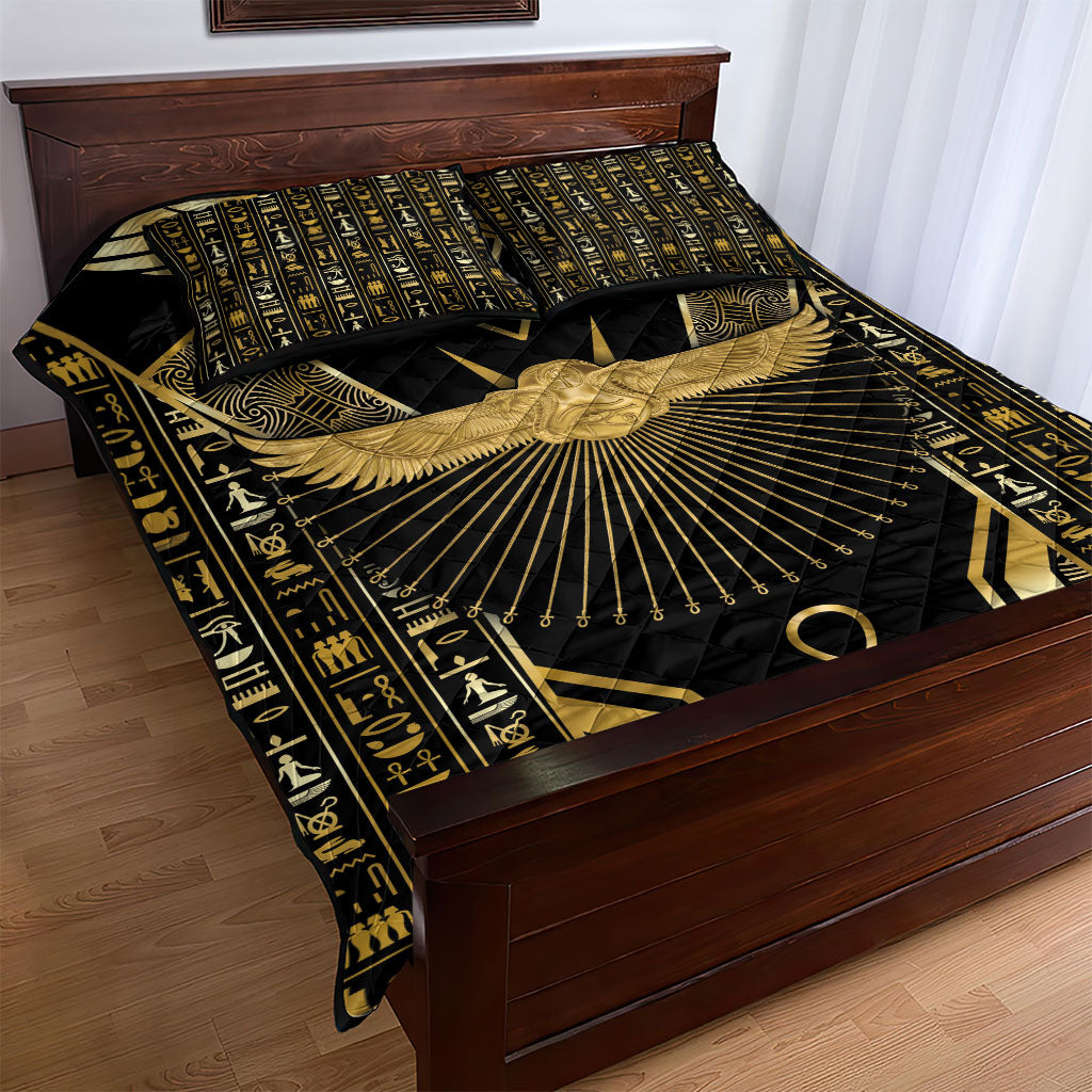 Egypt Winged Sun Quilt Bed Set Ancient Mythology Golden Ankh