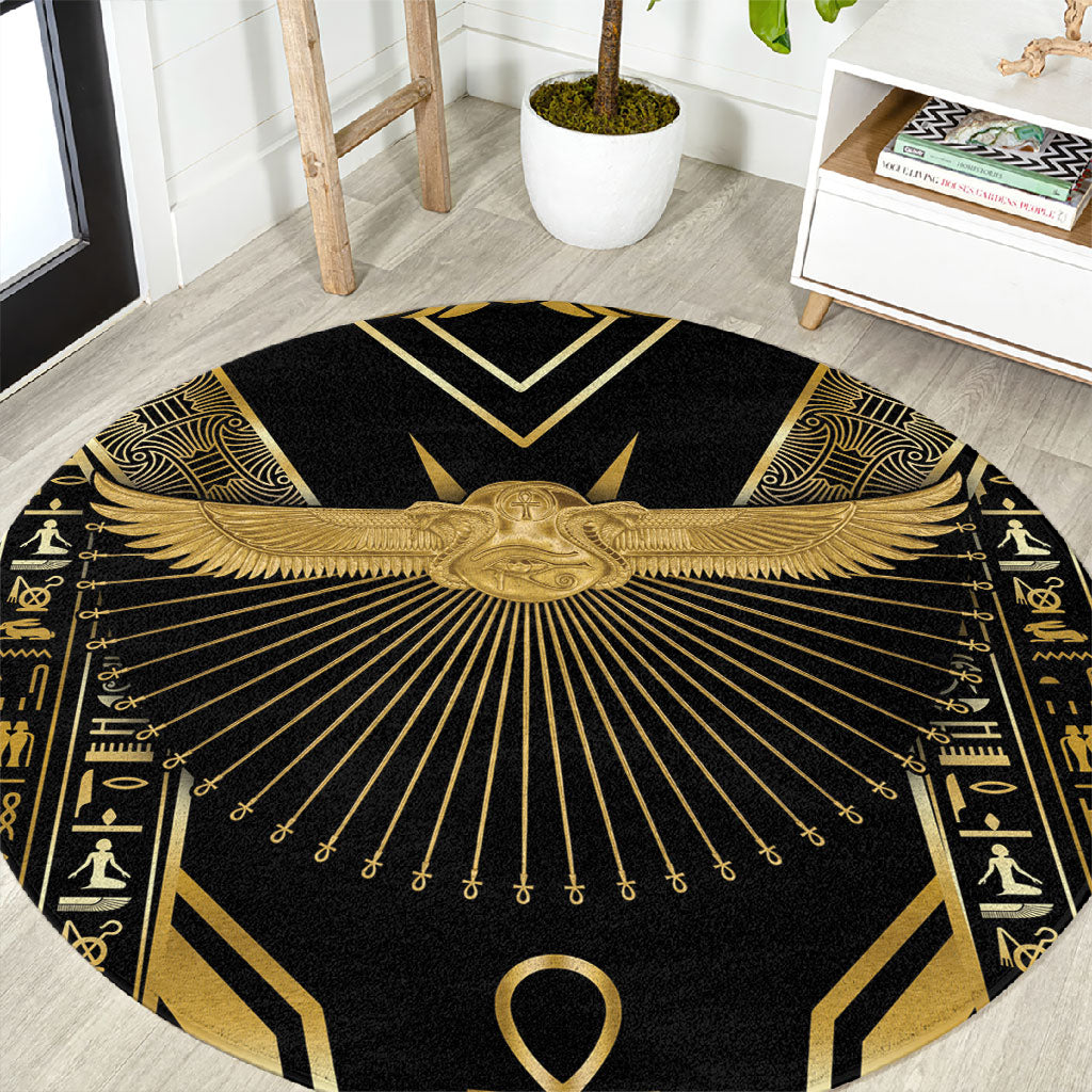 Egypt Winged Sun Round Carpet Ancient Mythology Golden Ankh