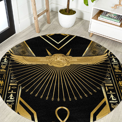 Egypt Winged Sun Round Carpet Ancient Mythology Golden Ankh