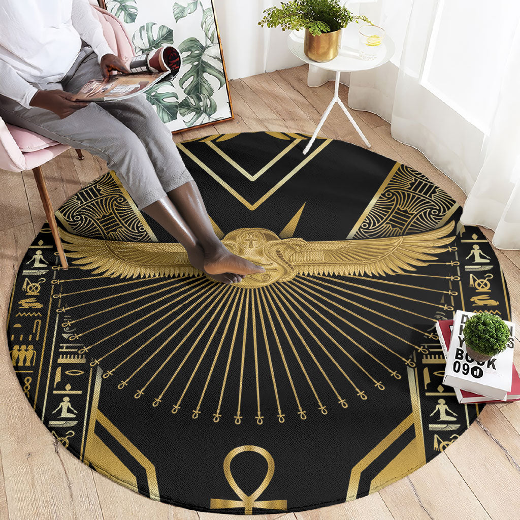 Egypt Winged Sun Round Carpet Ancient Mythology Golden Ankh