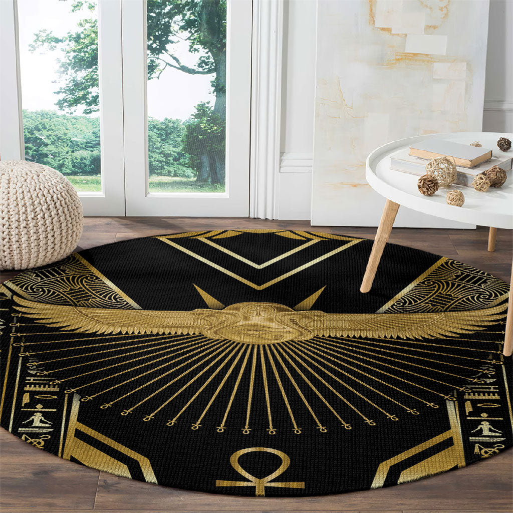 Egypt Winged Sun Round Carpet Ancient Mythology Golden Ankh