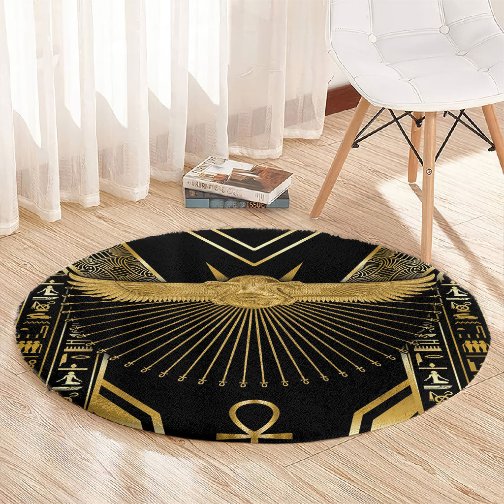 Egypt Winged Sun Round Carpet Ancient Mythology Golden Ankh