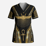 Egypt Winged Sun Scrub Top Ancient Mythology Golden Ankh