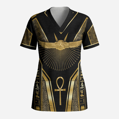 Egypt Winged Sun Scrub Top Ancient Mythology Golden Ankh