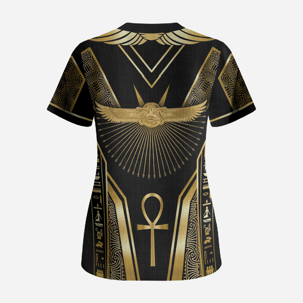 Egypt Winged Sun Scrub Top Ancient Mythology Golden Ankh