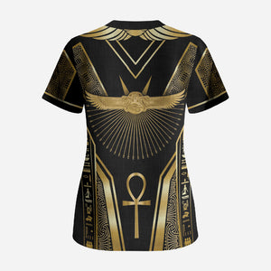 Egypt Winged Sun Scrub Top Ancient Mythology Golden Ankh